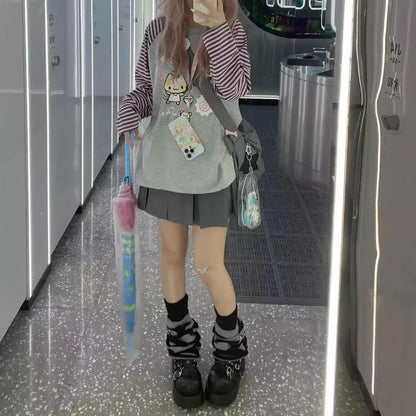 Japan Kawaii Sweet Women T-Shirt O-Neck Stripe Patchwork Long Sleeve Cartoon Print Loose Pullover Casual Cute Top Youth Vitality.