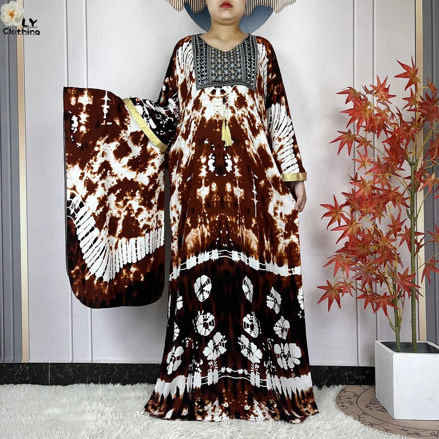 2025 New African Abaya For Women Dress Loose Batwing Sleeve Pockets High-quality Tie-dye Pure Cotton Fabric Women Islam Clothing