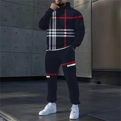 Simple Stripe Print Men's Hoodies Sets Autumn Winter Casual Sweatshirt Pants 2 Piece Fashion Tracksuits Outdoor Street Clothing.