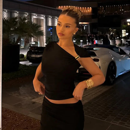 Cryptographic One Shoulder Asymmetrical Tops Summer Fashion Outfits Embellished Sexy Backless Solid Cropped Top Streetwear