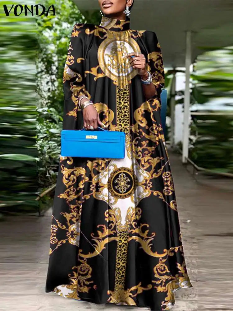 Plus Size 5XL VONDA Women Party Sundress Bohemian Stand Collar Sleeveless Print Maxi Dress Casual Bat Sleeve Satin Long Vestidos.