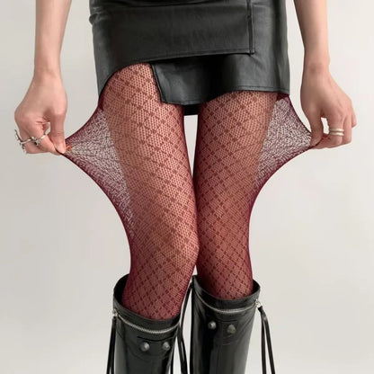 Female Vintage Fishnet Lace Pattern Tights Hollowed Rhombus Striped Geometric Jacquard Pantyhose Anti-pilling JK woman Legging