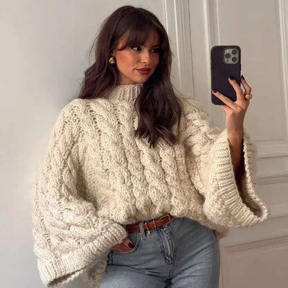 Casual Twists Stricken Oversize-Pullover Frauen Oansatz Lange Flare Hülse Lose Solide Pullover 2025, Herbst Winter Vintage Pullover