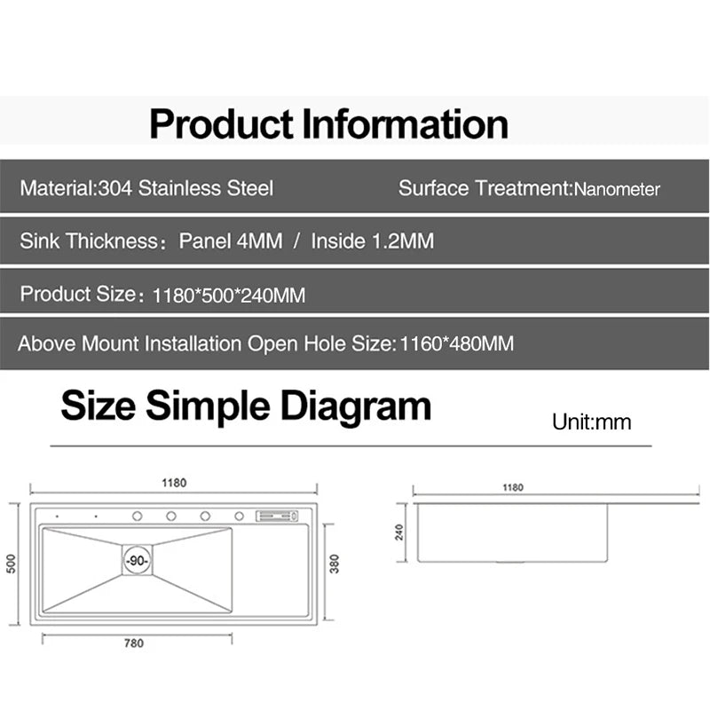 ASRAS New Nanometer Kitchen Sink Handmade Sink 4mm Thickness 240mm Depth Large Size Single Kitchen Sink With Drain Plate Sinks