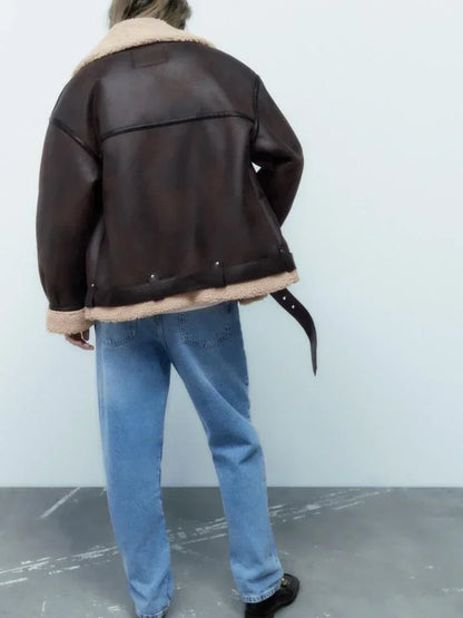 Frau dicke warme doppelseitige Faux Shear ling Jacke Herbst Winter neue Revers Langarm Gürtel Saum Reiß verschluss weibliche Oberbekleidung