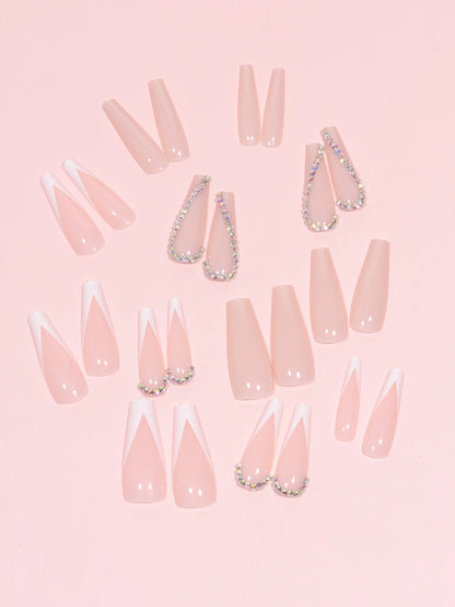 Transform Your Nails with 24pcs Long Coffin White French 3D Rhinestone Decor Fake Nail.