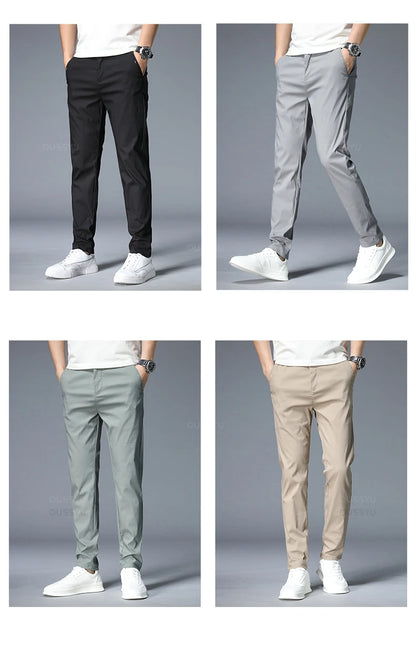 Spring Summer Casual Pants Men Thin Stretch Slim Fit Elastic Waist Business Classic Korean Trousers Male Khaki Gray 38.