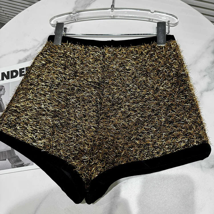 Trendy Women's Solid Color Bright Silk Woolen Shorts 2024 Autumn Fashion New Items High Waist Short Pants Female