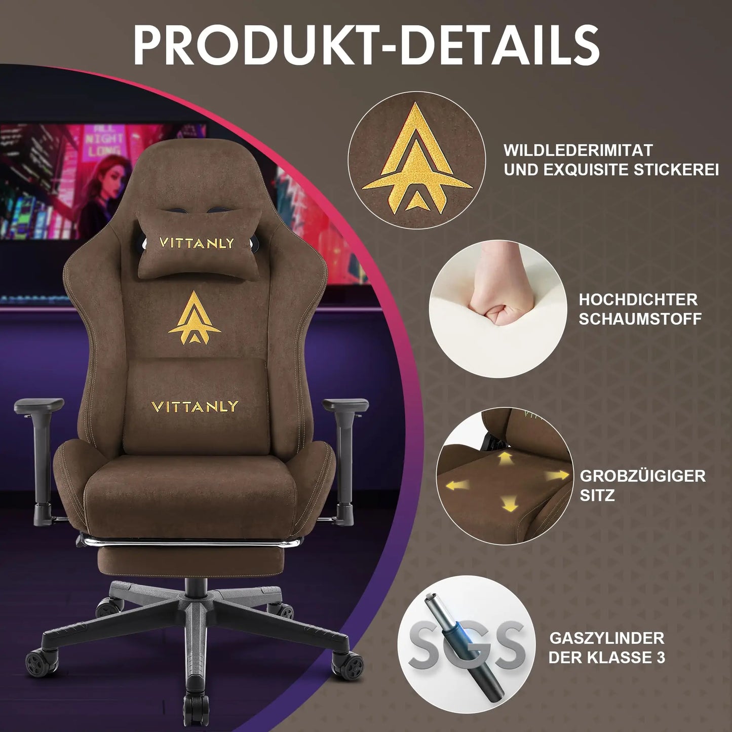 KITINJOY Gaming-Stuhl für Erwachsene mit Fußstütze, Lordosenstütze, Stoff, Computer-Bürostuhl, hohe Rückenlehne, ergonomischer Gamer-Stuhl