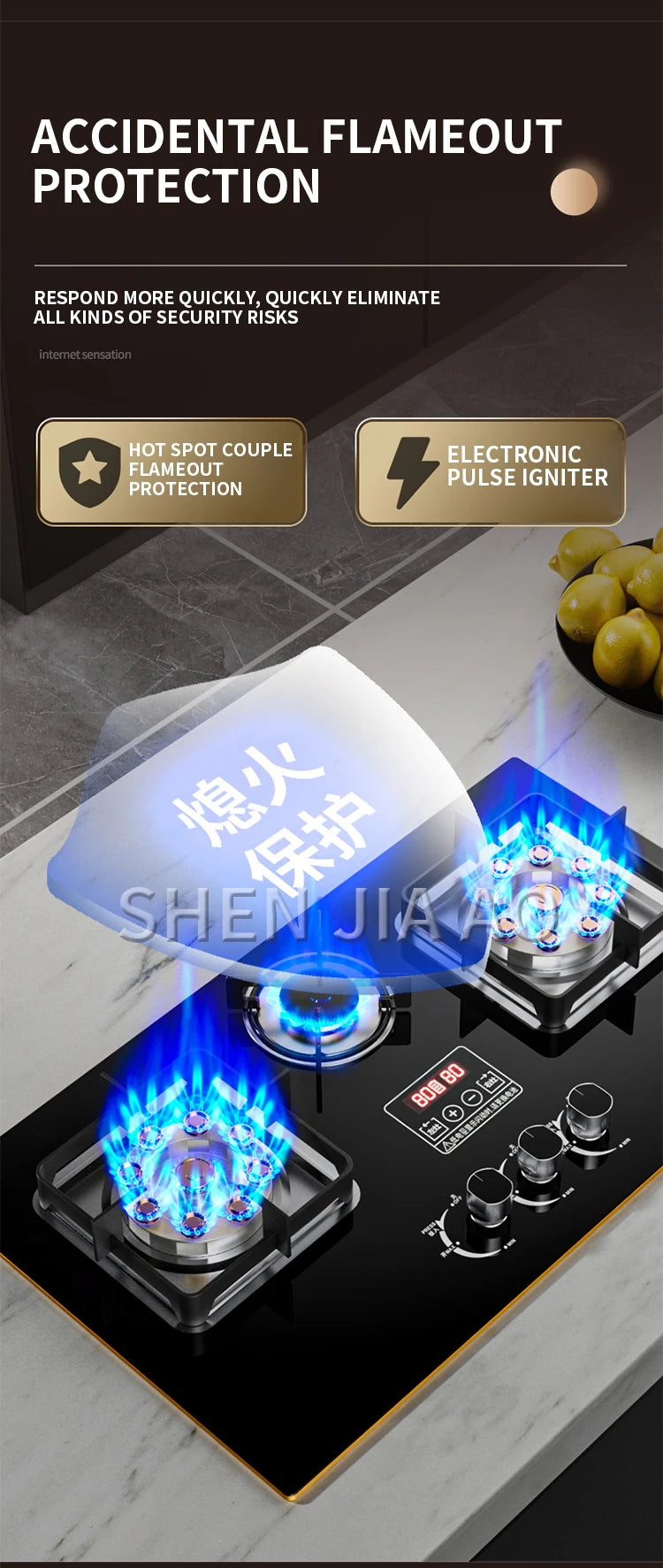 7.2KW Gas Stove Household Three Stove Timing Table Embedded Dual-purpose Natural Gas Liquefied Gas Fire Stove Gas Stove.