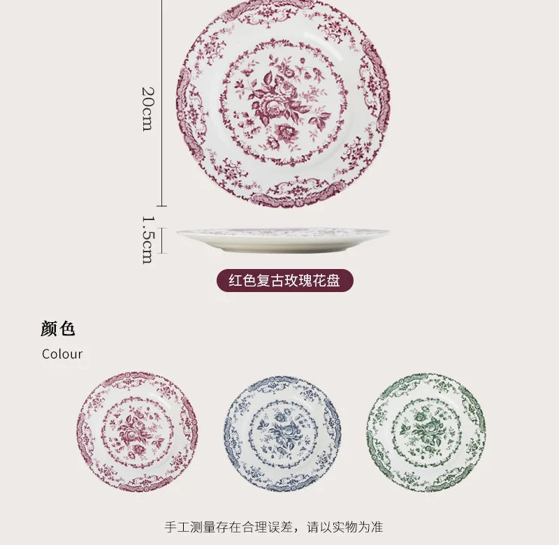 8/10Inch French Vintage Rose Ceramic Plate European Style Dinner Dishe Plates Salad Dessert Dinner Dish Household Art Tableware.