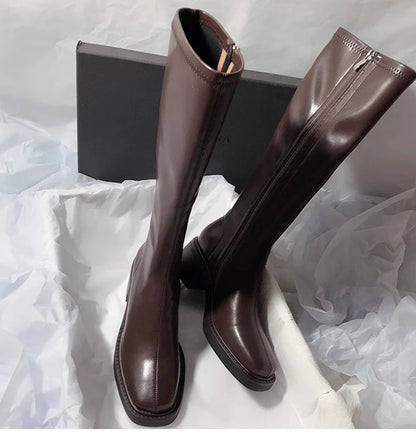 Vintage Thick Heel Women Knee High Boots Fashion Side Zippers Shoes Autumn Winter Ladies Concise Long Botas De Mujer.