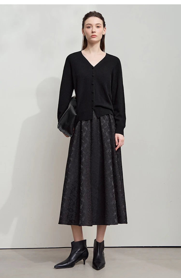 AMII 2025 Arrival Autumn Black A-line Women Skirt  Luxury Style Simple Elegant Elastic Waistband Offcial Lady Blouse 12523037.