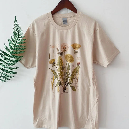 Dandelion Botanical Graphic Tshirt Hiking Shirt Botanical Print Shirt Short Sleeve Cotton Oversized Tee Women Clothing Harajuku.