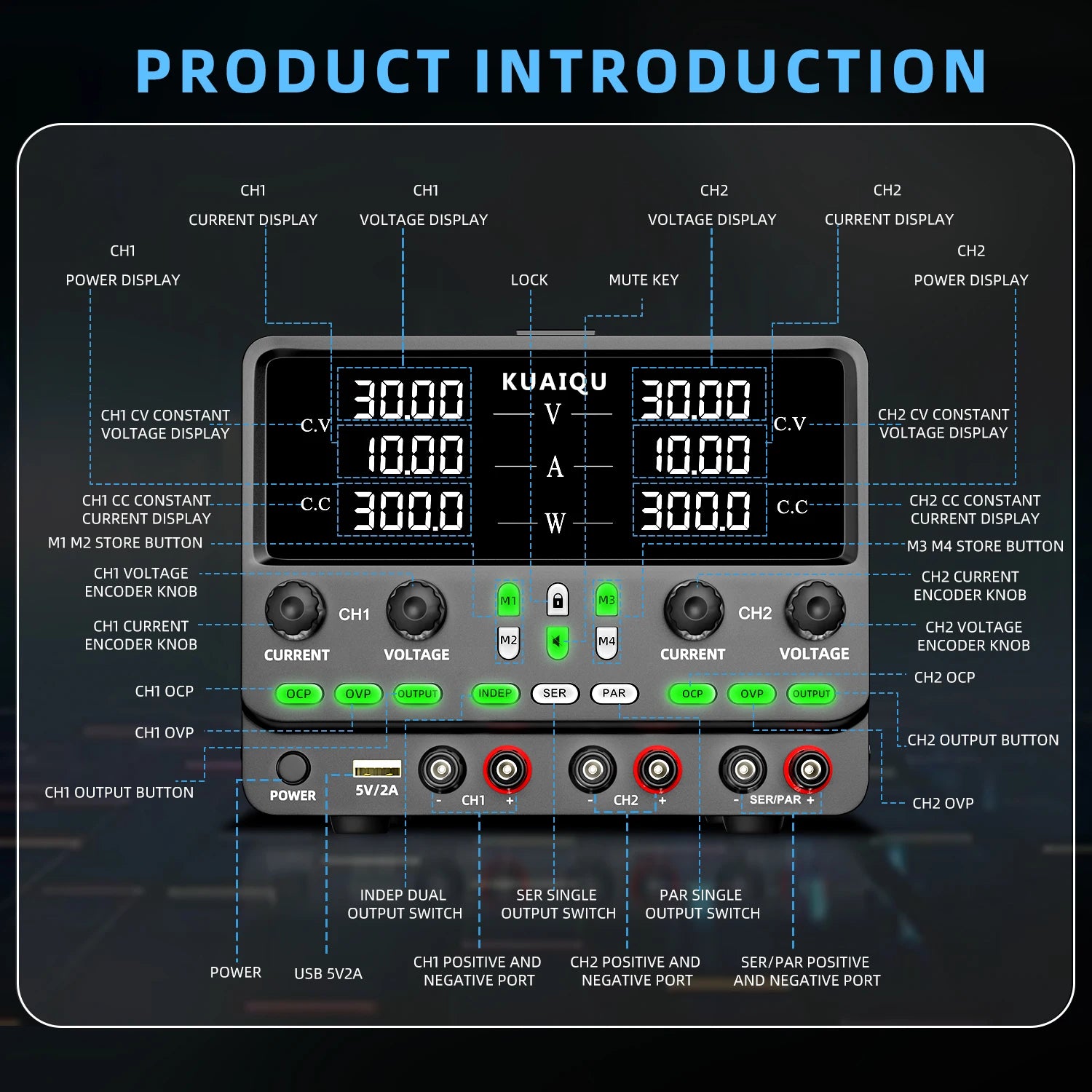 KUAIQU Newest 30V10A Dual Channel Bench Power Supply 3-Way Series-Parallel Output Overvoltage Overcurrent Protection Laboratory.
