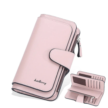 Large Capacity Women's Long Leather Wallet Zipper Buckle Multi-Card Triple Fold Coin Purse Clutch Bag Card Holder.
