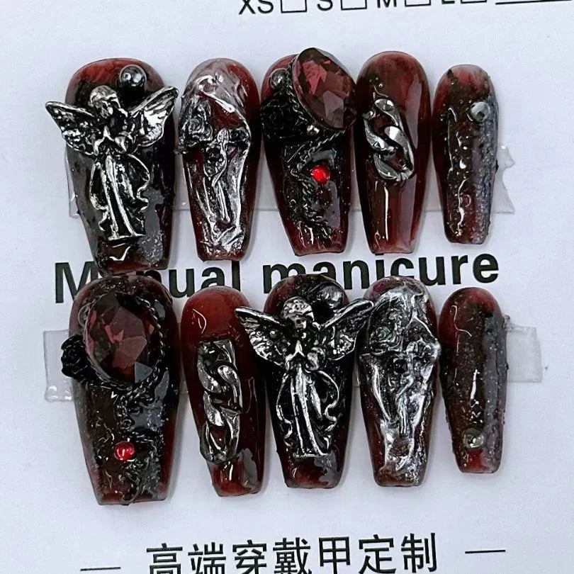 10 Pieces Sweet Cool Dark Style Handmade Wearable Nails Star River Falls Nail Art Patches Scarlet Angel Halloween Fake Nails.