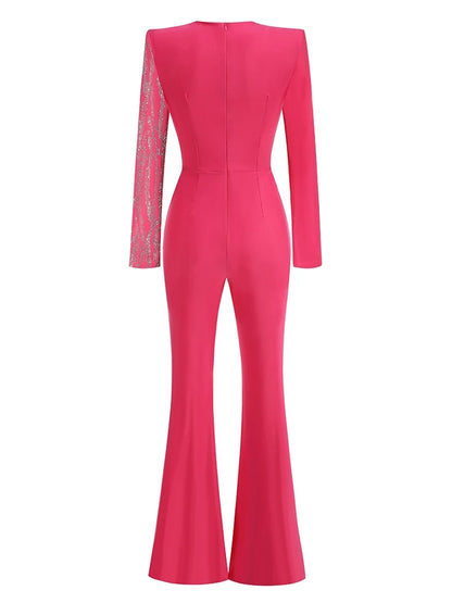 Sexy Deep V Neck Sparkly Diamonds Design Jumpsuit Women Long Sleeve Draped Wide Leg Jumpsuit Elegant Evening Club Costume Runway