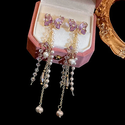 Pink Butterfly Earrings With Long Tassel Sparkly Zircon Crystal Imitation Pearl Beads Earrings Light Luxury Party Ear Jewelry.