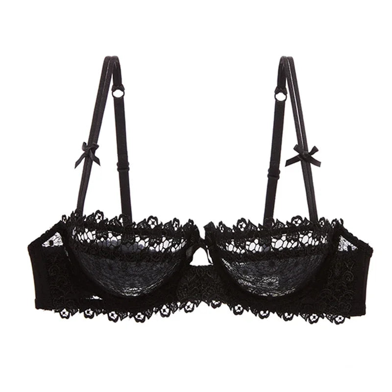 Plus Size Sexy Half Cup Lace Bra Sheer Mesh Unlined Bralette for Women A D Cup, Invisible Push Up Underwire Lingerie Set