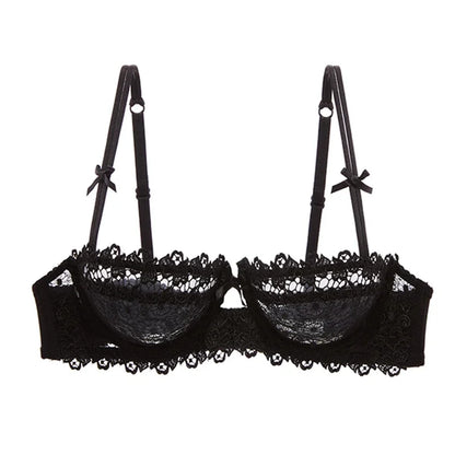 Plus Size Sexy Half Cup Lace Bra Sheer Mesh Unlined Bralette for Women A D Cup, Invisible Push Up Underwire Lingerie Set