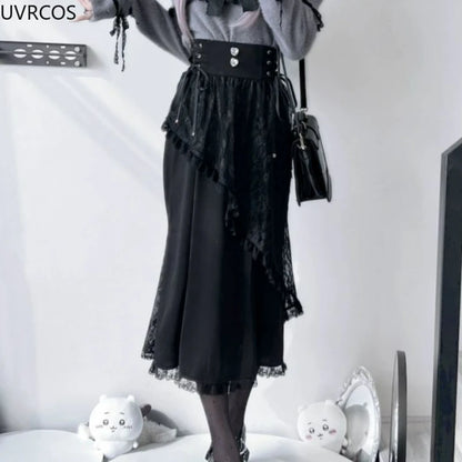 2025 Y2k Aesthetic Harajuku Style Lolita Long Skirt Women Gothic Lace Black Slim Skirts Japanese Jk Pleated Skirt Saia Feminina.