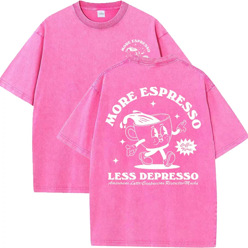 More Espresso Less Depresso Letter Cup Drink Print Washed Womens Tee Shirt Cotton T-Shirts New Breathable Clothes All-Match  Top.