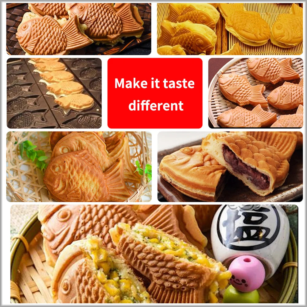 XEOLEO Taiyaki Maker Fish Waffle Machine Fish Cake Baking Machine 6 Pcs Fish Ice Cream Waffle Maker 3000W Non-stick Pan.