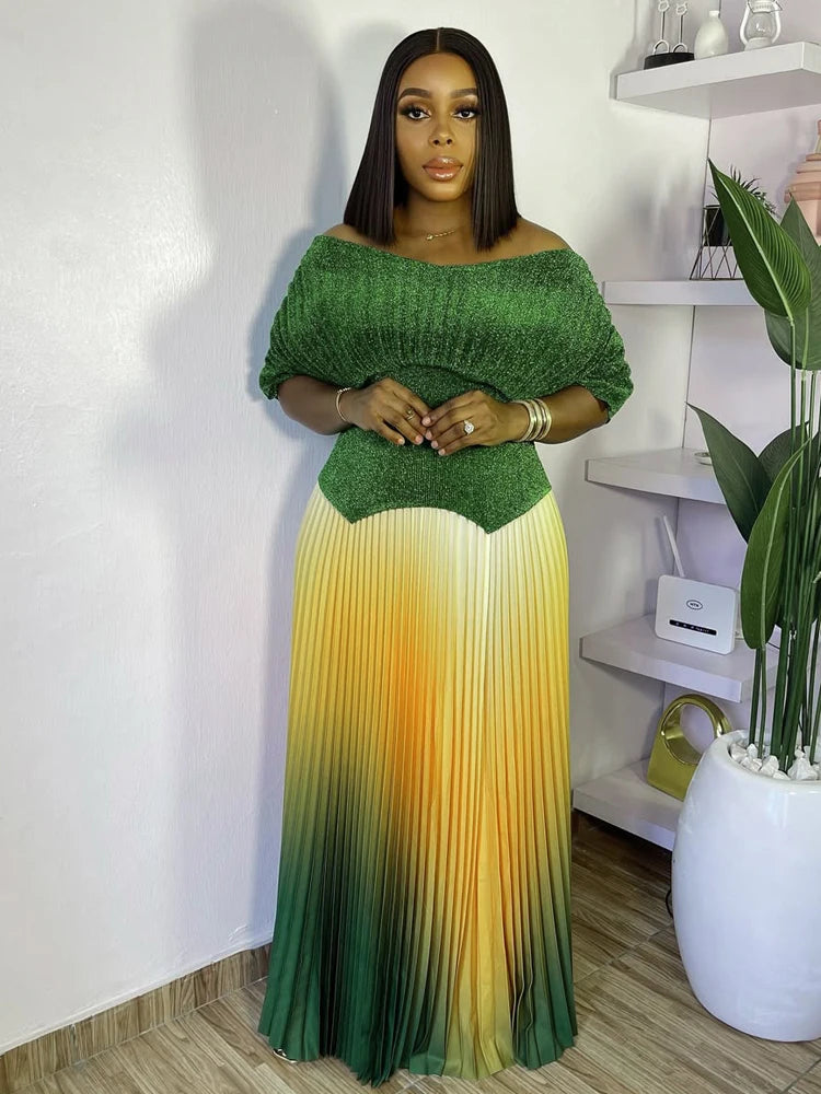 Women Plus Size Gradient Color Long Skirts And Tops Pleated 2 Piece Outfit Luxury Dubai Prom 2025 Casual For Female Fashion Sets.