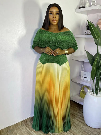 Women Plus Size Gradient Color Long Skirts And Tops Pleated 2 Piece Outfit Luxury Dubai Prom 2025 Casual For Female Fashion Sets.