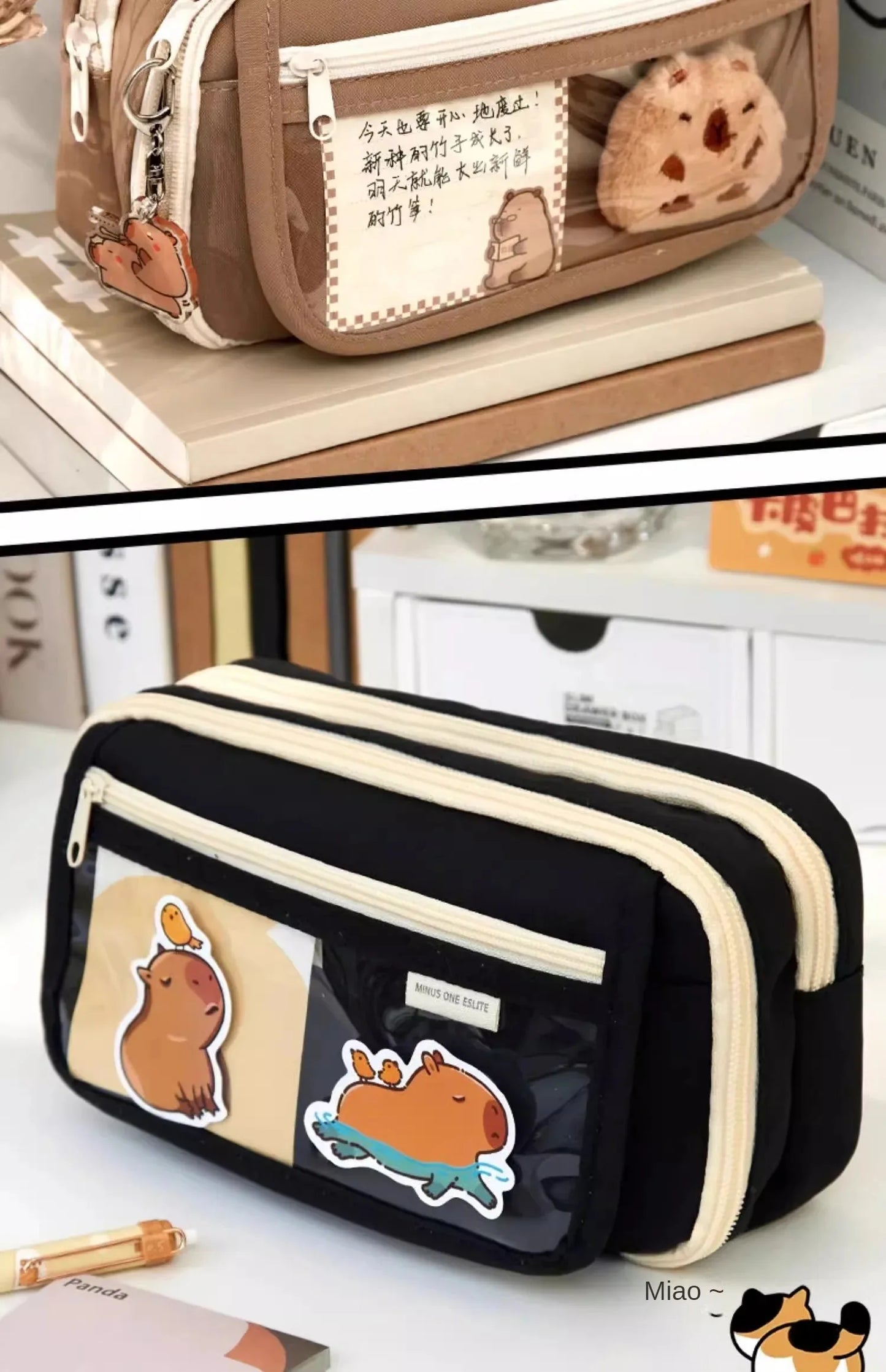Große Kapazität Bleistift Tasche Capybara Cartoon Leinwand Schreibwaren Halter Tasche Mit Broschen Aufkleber Clips Schlüsselanhänger Kinder Stift Fall.