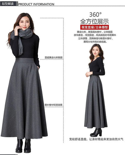 Autumn Winter Black Gray Large Size Woolen Long Skirt Women Fashion Korean Ladies Red High Waist Festival Pleated A-line Skirts.