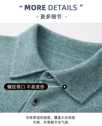 LHZSYY 100%Merino Wool Hot Cardigans Men Lapel Pullover Long Sleeve POLO Neck Sweaters Loose Tops Knit Clothing Large Size Shirt
