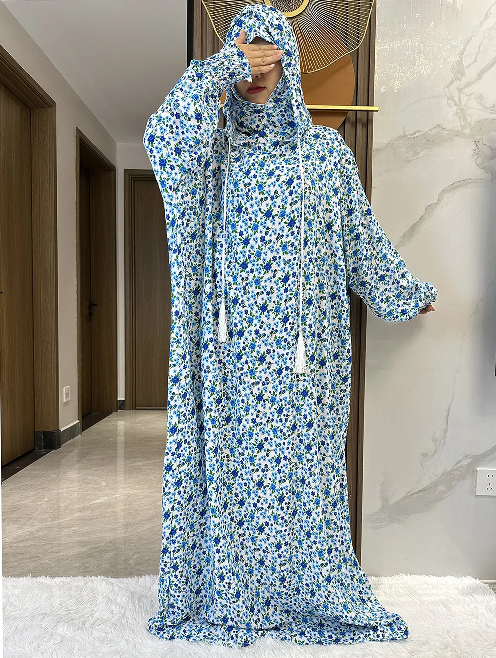 New Ramadan Muslim Two Hats Abaya Dubai Turkey Islam Prayer Clothes Floral Cotton Long Dress Islam Women Dress Kaftan