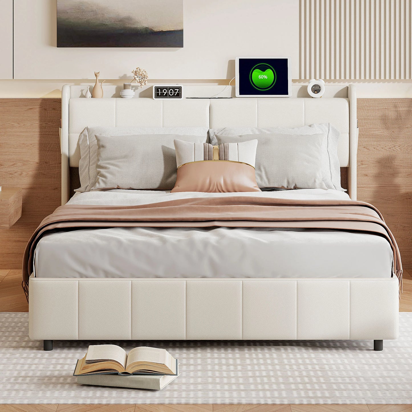 Lazyspace 140 x 200 cm Doppelbett mit 4 Schubladen, weiß gepolstertes Bett, Kopfteil mit Stauraum, USB, PU-Leder, keine Matratze