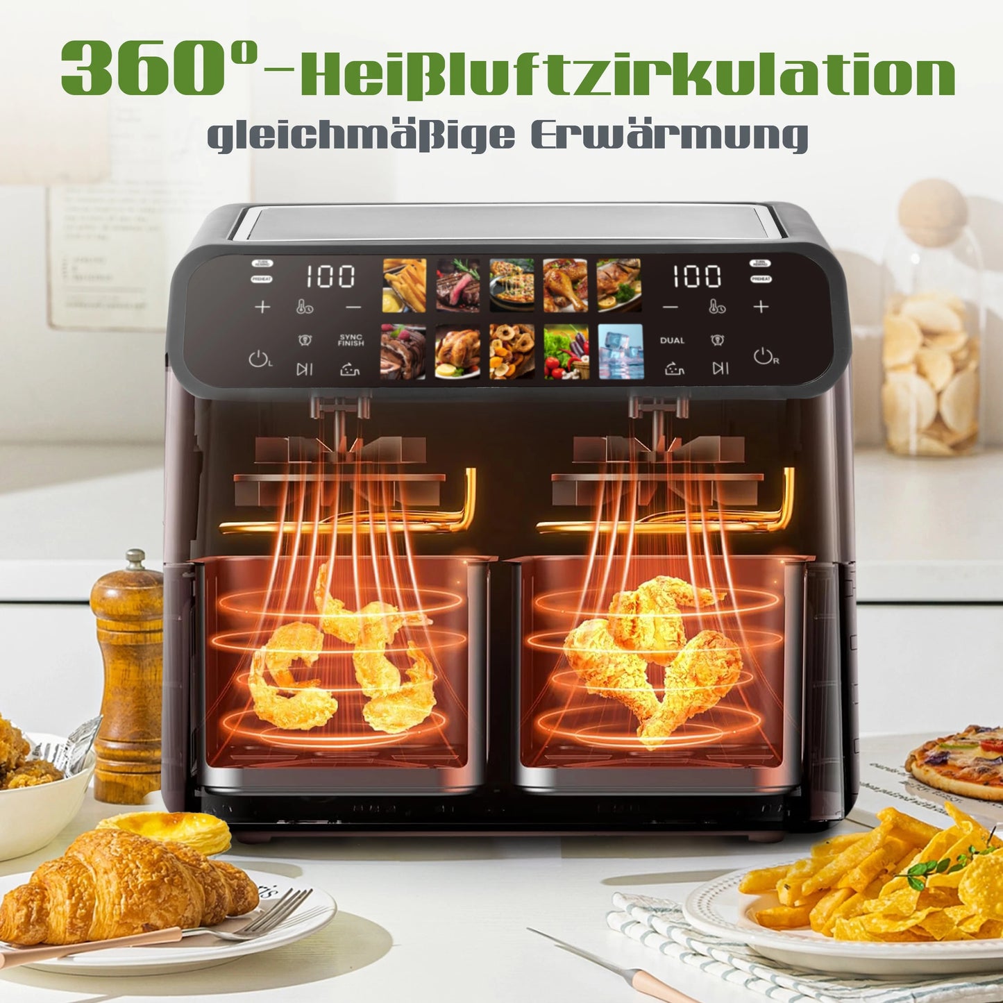 10L Multi Function Dual Basket air fryers Smart machine Viewing Window Electric Hot fryer Oilless Cooker with LED Touch Control.