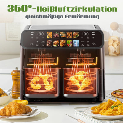 10L Multi Function Dual Basket air fryers Smart machine Viewing Window Electric Hot fryer Oilless Cooker with LED Touch Control.