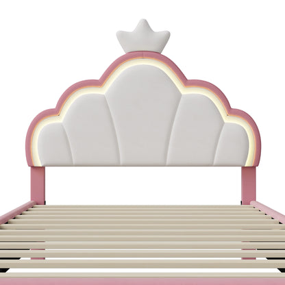 Anajqaqia 90×200 cm gepolstertes Einzelbett, Kinderbett mit LED-Leuchten, mit Lattenrost und Kronenkopfteil, Samt
