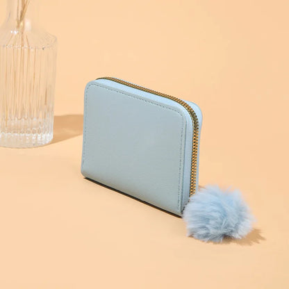 Women Fashion Zipper Wallet with Hairballs Simple Versatile Short Coin Purse Multi-Functional Multi-Card Slot Card Bag.