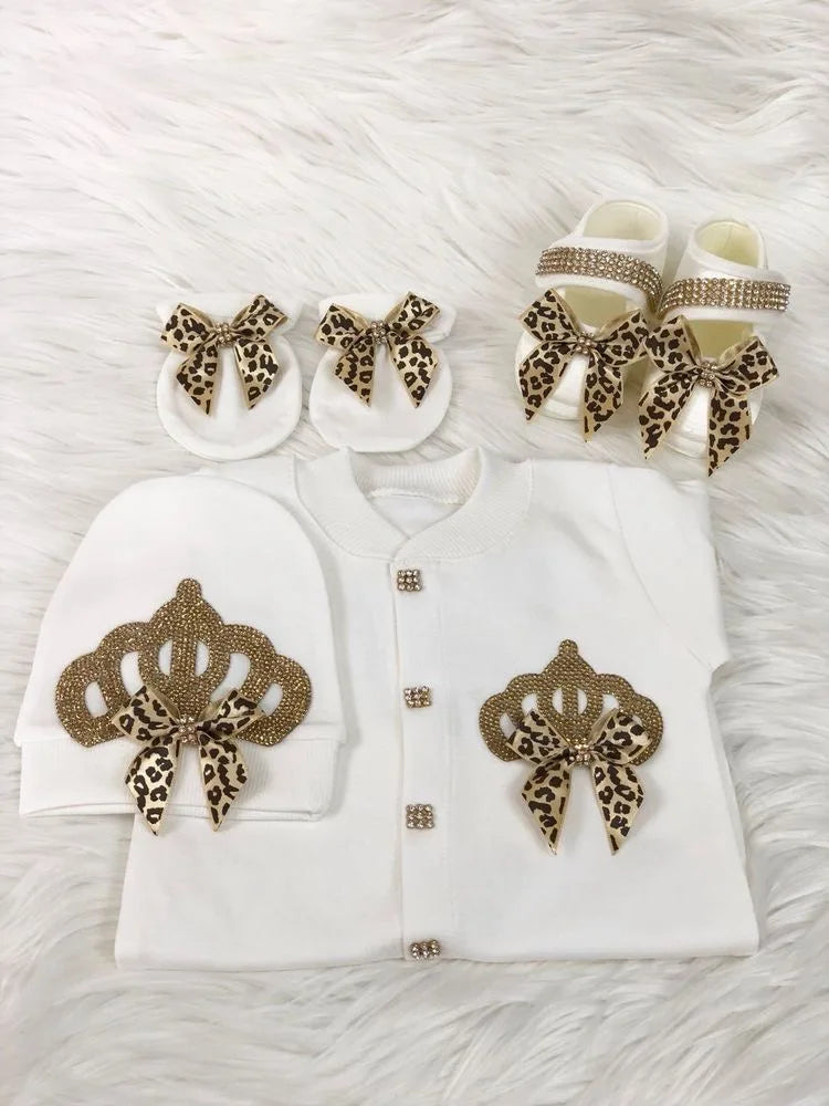 Dollbling Newborn Set Baby's Sets Rhinestone Crown 0-3 Months Hat+Bodysuits+Gloves+Shoes 4 Parts Boy Girl Jumpsuit Clothing