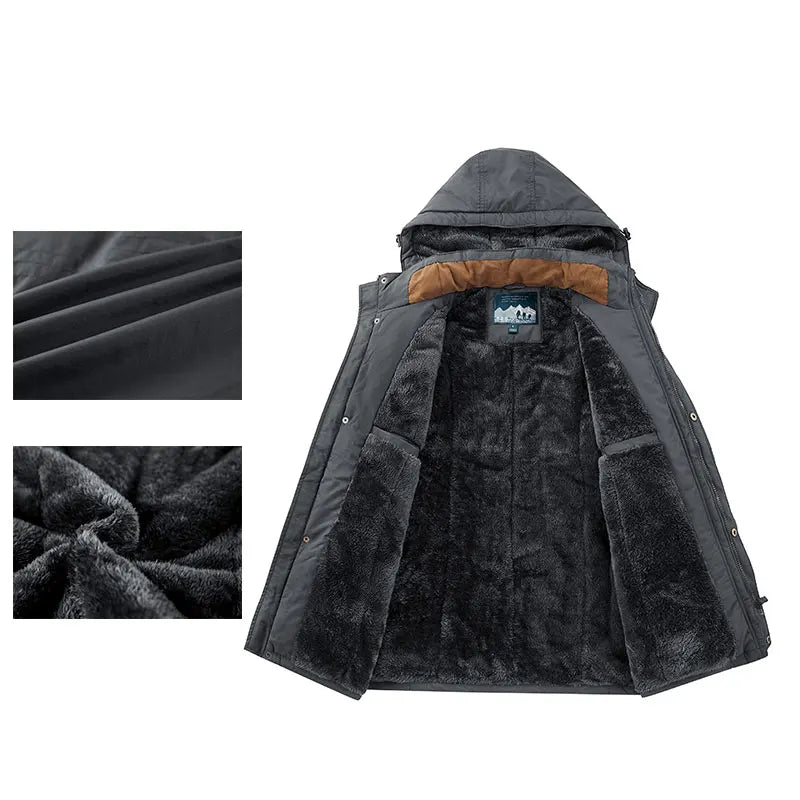 Thick Coat Winter Outdoor Running Sports Windproof Warm Fleece Hooded Cargo Jacket Men Removable Hood Thick Warm Fleece Jacket.