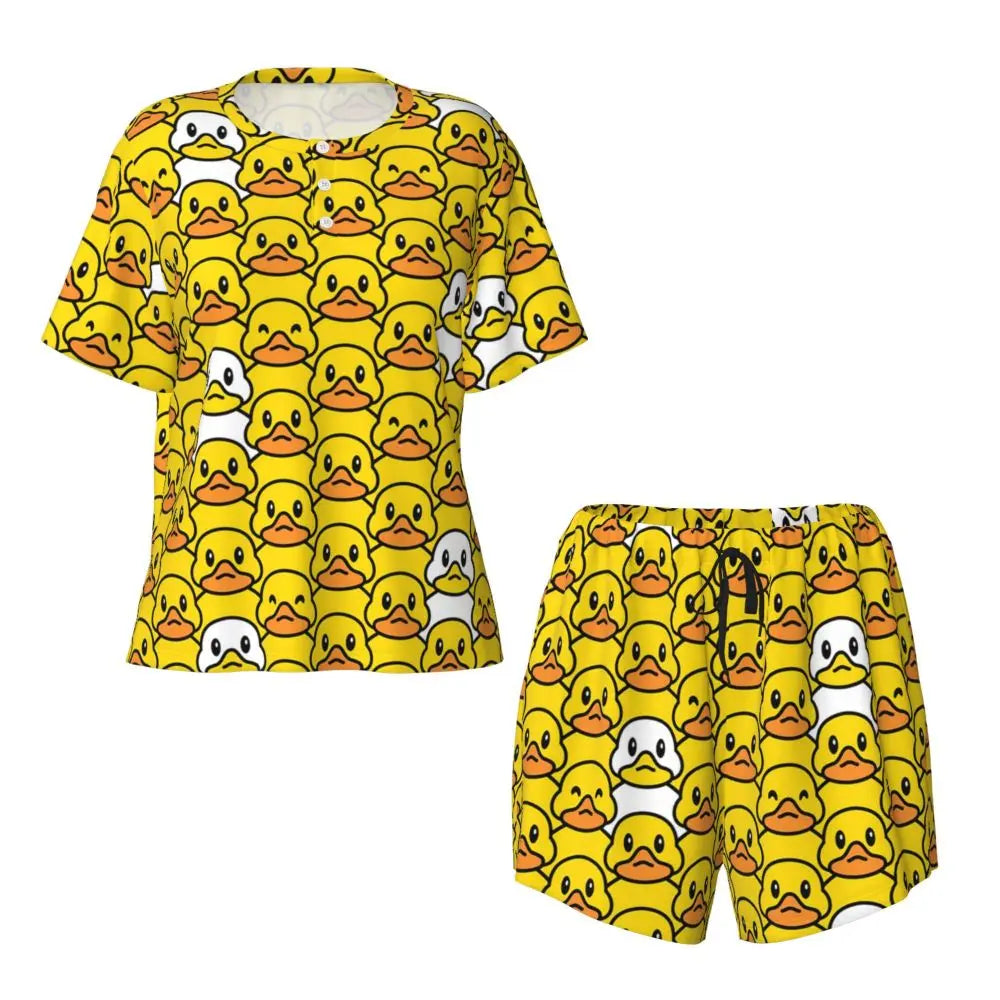 Benutzerdefinierte Frauen Gelb Klassische Gummi Ente Pyjamas Set Gedruckt Zwei-stück Pj Sets Kurzarm Nachtwäsche Loungewear