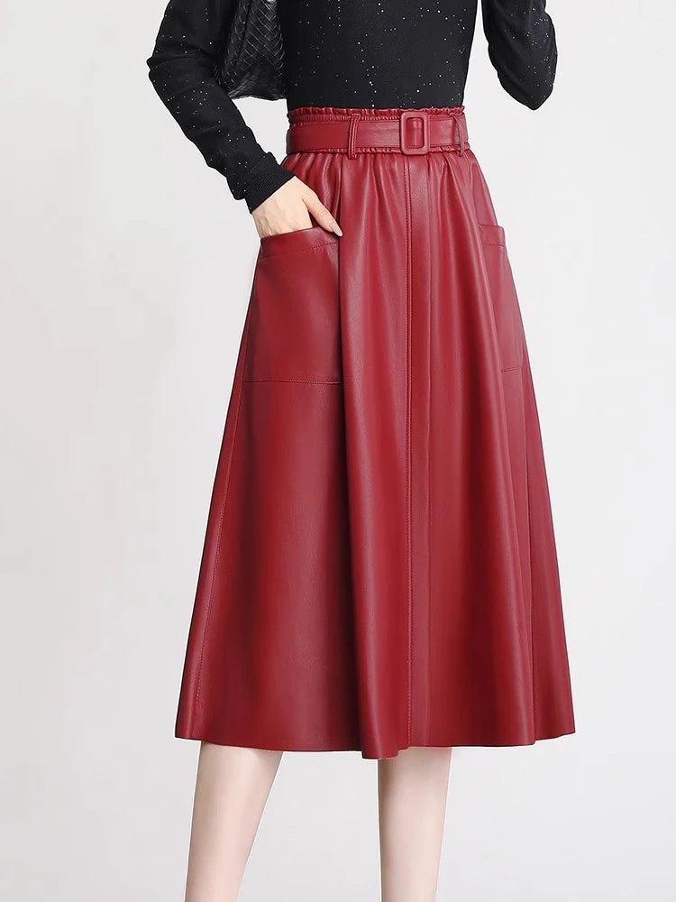 S-5XL New Women Plus Size Leather Skirt Spring Autumn Fashion Stretch Waist A-Line Loose Long Skirt Split Leather Sheepskin.