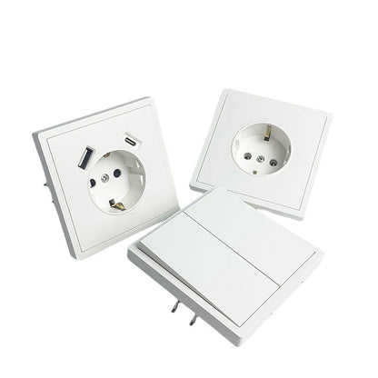 Europäische Wandsteckdose, EU-Steckdose, USB-Typ-C-Ladeanschlüsse, 1/2-Gang-Lichtschalter, 16 A 250 V, Unterputzmontage, weißes Panel, 80 x 80 mm.