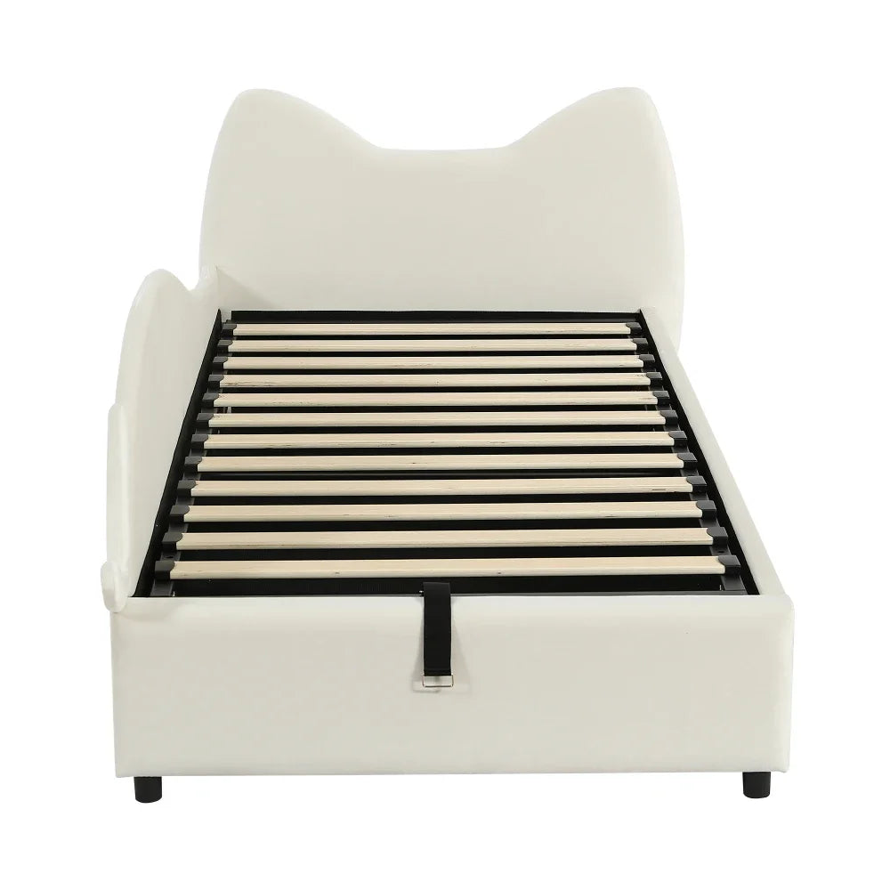 Polsterbett, Einzelbett, süßes Katzendesign, hydraulisches Bett mit Stauraum und Gürtelgriffen, stabiler Gitterrost, 90 x 200 cm