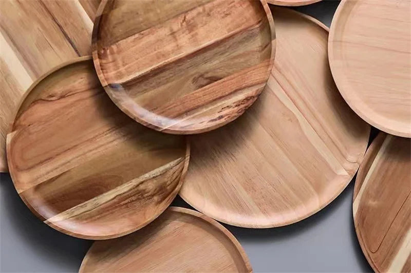 Wooden Tray Simple Round Serving Tray Retro Wood Plates Fruit Dessert Tray Snack Fruit Platter Food Plate Dish Storage Tray.