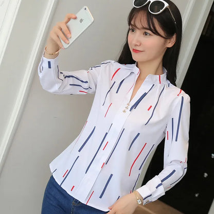Stripe Women Blouse Fashion Standing Collar Women's Shirt Long Sleeved Shirts and Blouses Printing Ladies Tops Basic Womens Tops.