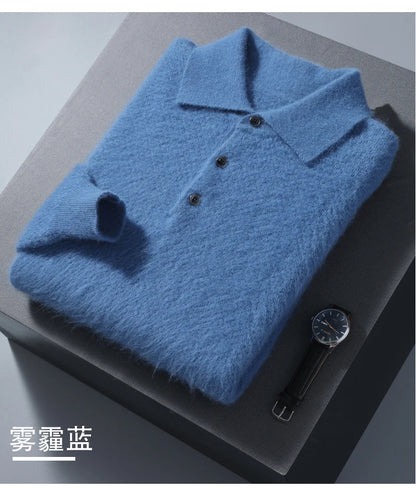 Men's 100% Mink Cashmere Large Size Sweaters Autumn Winter Solid POLO-neck Casual Knit Pullovers Men Long Sleeve Warm Jumper to