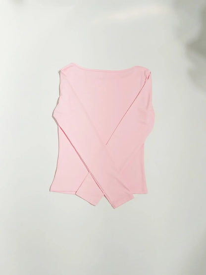 Summer Spring Slim-fitting Women's Clothing New One-neck Long-sleeved T-shirt Blouse Top Skinny Solid Color Tee.