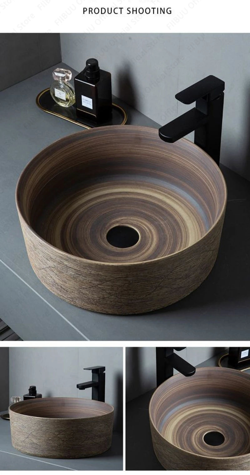 Braunes Keramikgefäß, Waschbecken, Waschtisch, Schüssel, ovaler Badezimmertisch, Waschbecken, Toilette, Balkon, Kunstbecken, über der Theke, Sockelwaschbecken